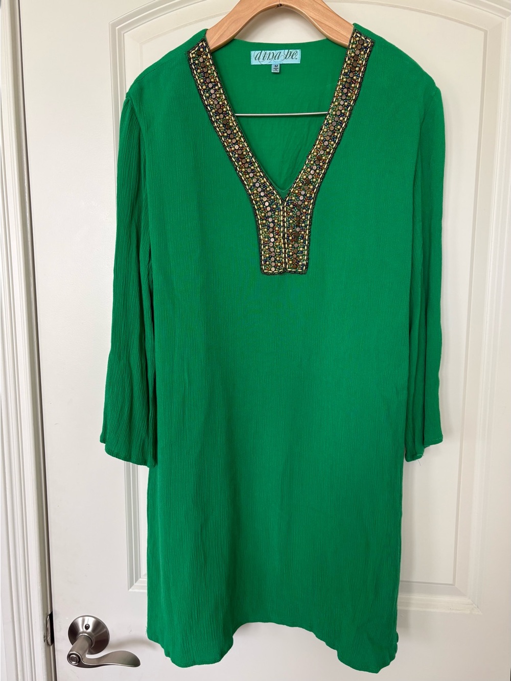 Dina Be Green Tunic Dress with Beaded Neckline Medium